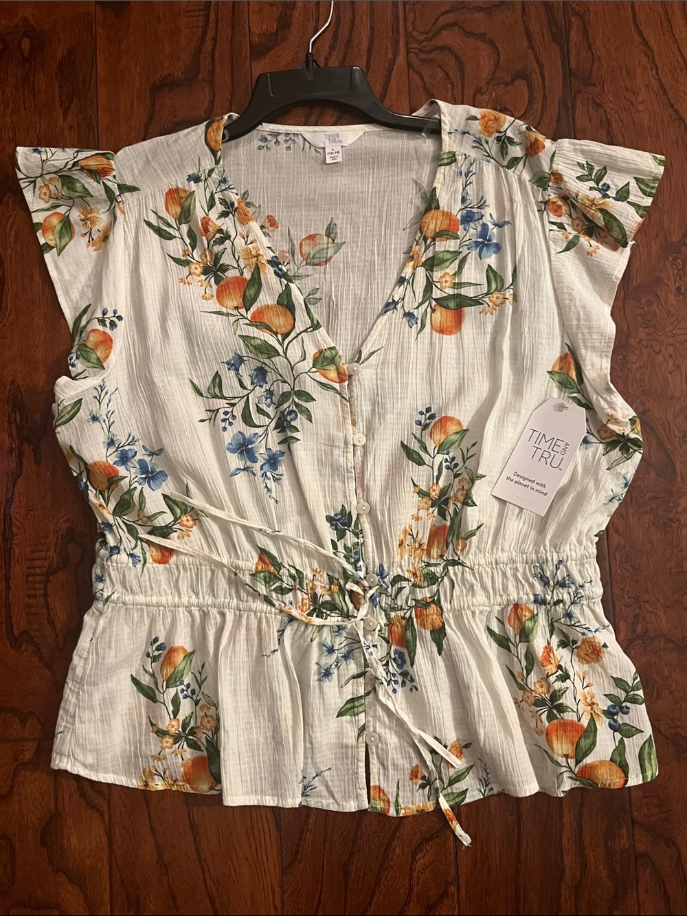 Time and Tru White Floral Button-Front Peplum Blouse